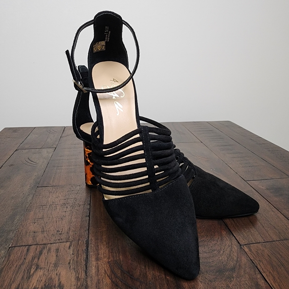 42 GOLD Elegant Strappy Black Suede Tortoise Shell Heels Sz 7.5 Baddie Mobwife